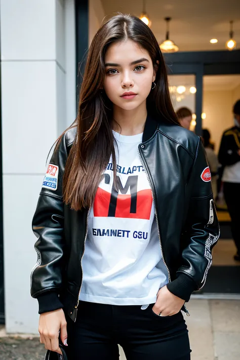 Photograph of a 20-year-old woman, Cara perfecta, rostro blanco, mujer morocha, Obien maestra, bien, ropa interior, negro_bien, chaqueta, negro_biengas, montada en una motocicleta