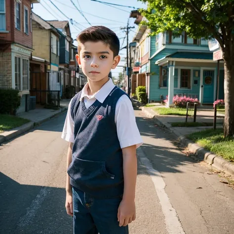 A young, remarkable kid named Alex stands before a quaint town, his determined gaze