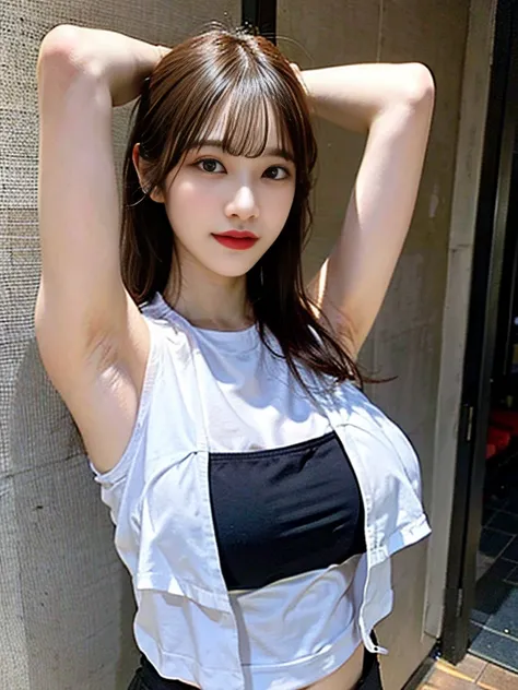 Showing armpits with big breasts and sleeveless