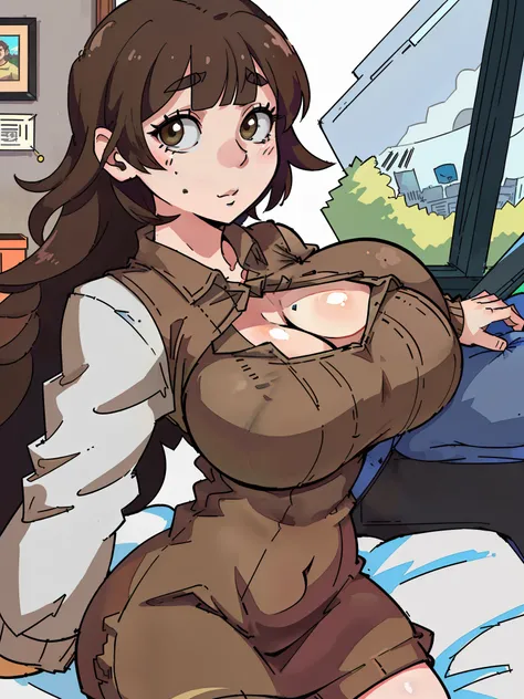 (Extremely detailed, In a cozy interior, Slightly fat, plumw, Bigchest, Gigantic big tits, Refined face, sexy for, Wearing a brown crewneck dress, Tight jumpdress, k hd, Close-up Shot Shot, photorealistic perfect body, very very very realistic)