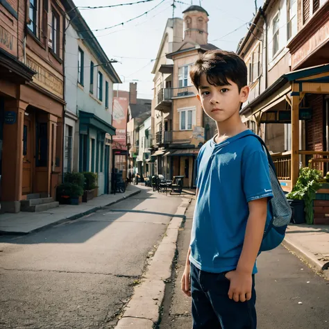 A young, remarkable kid named Alex stands before a quaint town, his determined gaze