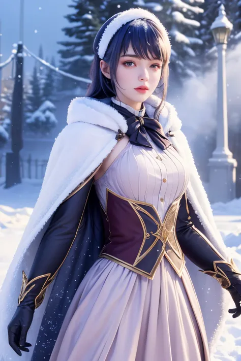 photorealistic, masterpiece, photorealistic, high resolution, soft light, hips up, Lolita costume，Cloak (Snow, Outdoor activities in winter:1.2)