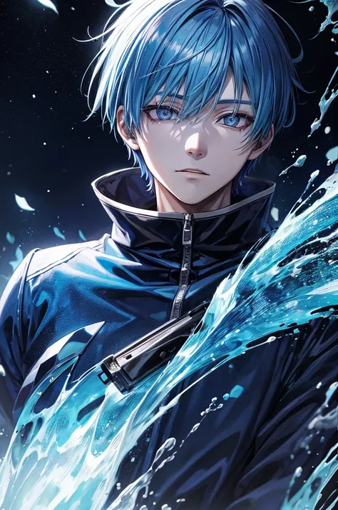 Tokyo Ghoul a boy blue hair,grey eyes,18 years old,beatiful scenery,half ghoul, blue power, powerfull.