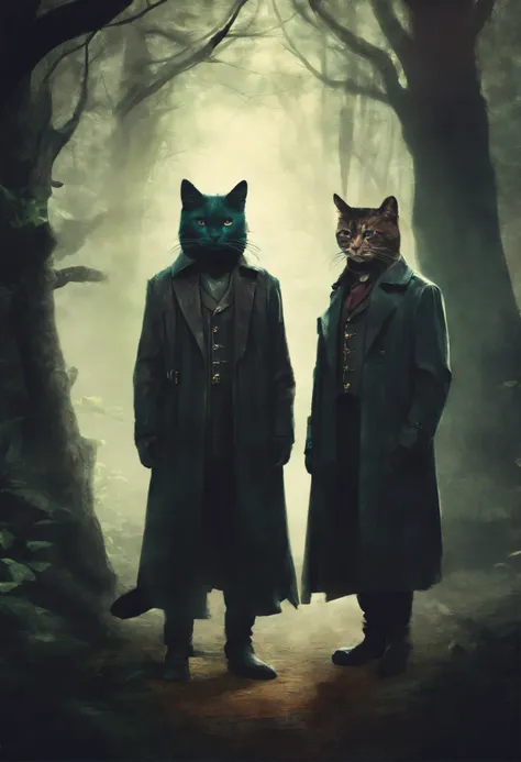 2 cat scholars, wearing long coats, in a dark forest, dark fantasy style, retro, high quality, high detail, 8k