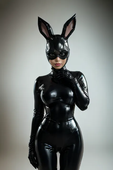 An alluring woman adorns a rubber mask with festive Christmas horns and a unique rubber head resembling a cybernetic bunny. Drawing inspiration from Doja Cat as Catwoman, she embodies a fusion of rubberhose style and latex, featuring a black latex female b...