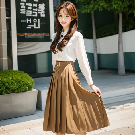 Long brown skirt. Pleated. Korean lady