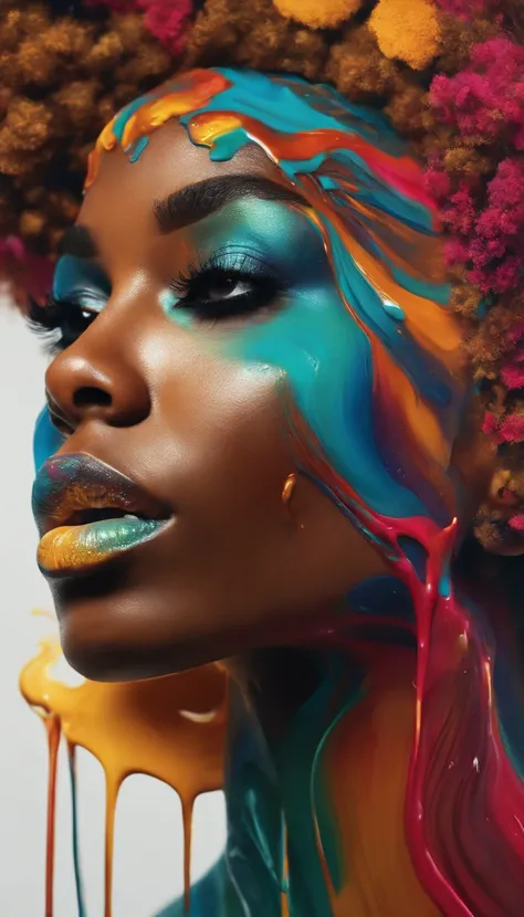 there  a half-fragile black woman and half-strong black woman, with a colorful face and a lot of colorful paint, portrait made out of paint, face submerged in colorful oils, portrait made of paint, colorful melting human head, beautiful acrylic fluid portr...