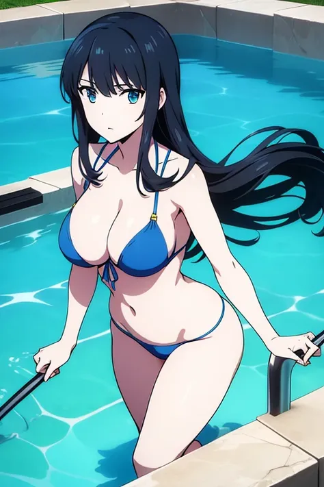 (masterpiece, best quality, high resolution, animescreencap, anime colored, 8k), Miyuki, 1girl, black hair, long hair, blue eyes, large breast, white bikini, slim, upper body, pool, blue sky, sunlight, (perfect detailed anatomy, perfect detailed full body,...