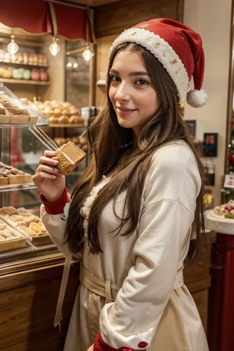 (aesthetic) Italian woman with beautiful long hair, (realistic) in the vibrant pastry shop. The shop in the background is full of sweets and delicacies captures the essence of Christmas atmosphere. The woman wears winter clothes and red hat Santa Claus. Th...