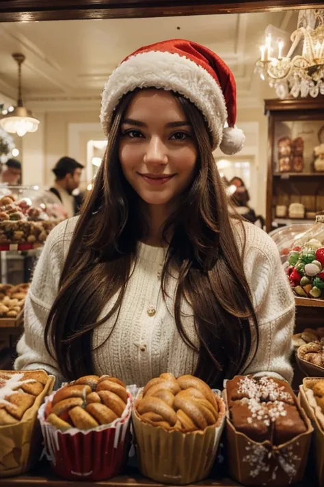 (aesthetic) Italian woman with beautiful long hair, (realistic) in the vibrant pastry shop. The shop in the background is full of sweets and delicacies captures the essence of Christmas atmosphere. The woman wears winter clothes and red hat Santa Claus. Th...