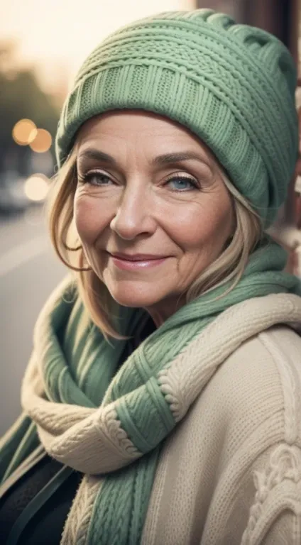 beautiful 60 year old woman with some wrinkles, cara perfecta, ojos verdes, pelo blanco, sonrisa sexy, gorro navidad, 8k