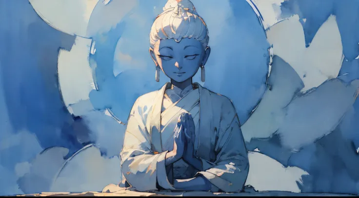 blue Buddha sits in lotus position and meditates, (portraite of a;1.3), calm and concentrated face, blue background, (Watercolor drawing:1.3), motley, Super detailed