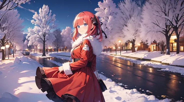 Nino Nakano sonriendo,sexy,Christmas Dress,bosque nevado,arbol de navidad,gato