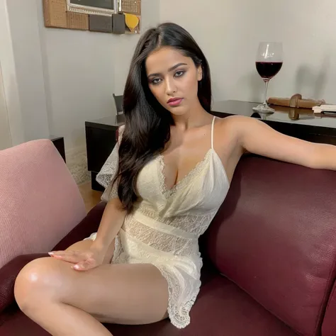 full length photo, black hair, full lips, darkened around the eyes, portrait of Fahriye Evcen, brown bright and big eyes, white skin, selfie of young woman leaning on the sofa in the living room, (drinking wine) , wine spilled on her, (red wine) , Violet M...