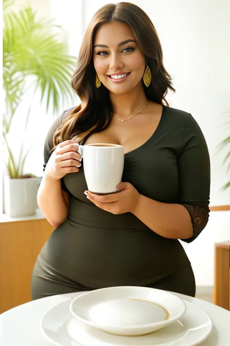 smiling woman holding a cup of coffee and a plate of cookies, plus size woman, plus size, alluring plus sized model, huge cup of...