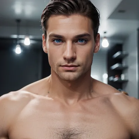 Men blue eyes with a model body, height 1.80 meters, clear hair, and beautiful nose, without beard