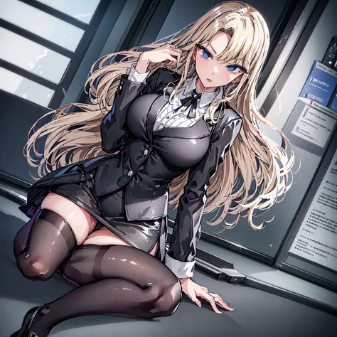 Officelady、Black jacket、Black tight skirt、White blouse、Black tights、High pumps with black heellack hair、s Office、lana、Beautiful woman、gazing at viewer、Looking here、hight resolution、top-quality、full body Esbian、animations、illustratio、Ultra-detailed delicacy