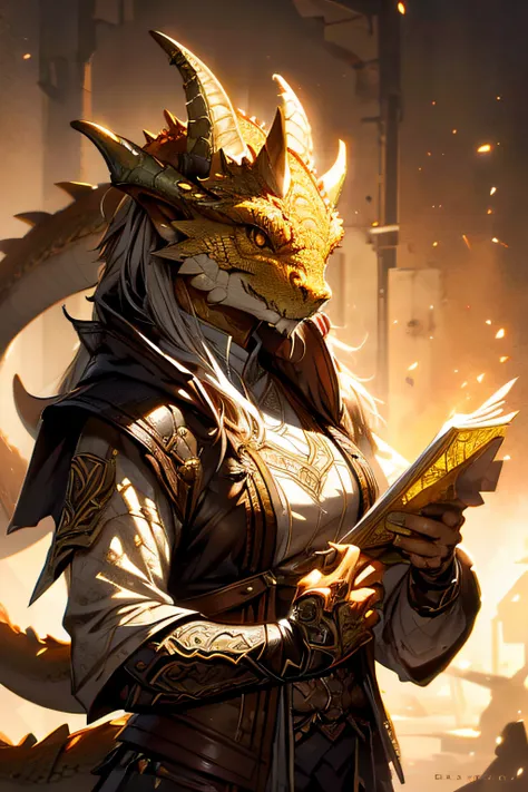 brass dragonborn, female, horns, solo portrait, scales, tail, buff, clotheasterpiece, best quality)), art by greg rutkowski