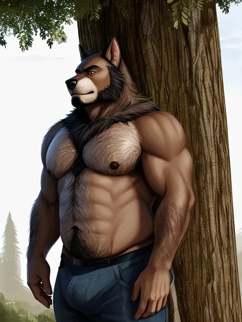 Male,older,werewolf , body hair, chubby,hot Humaniod, graying fur,in woods