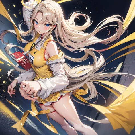 best qualtiy， tmasterpiece， 超高分辨率， realisticlying， 1 girl， long white hair，Heterochromic pupils，Long legs，With a headset，（Tight underwear），head looking up，cheerfulness，Light yellow tube stockings，Light yellow sneakers，Dance in the practice room，wide angles