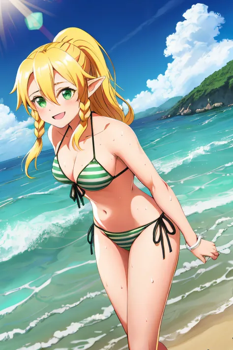 ((((solo)))), 1girl, ((perfect anatomy)), (((masterpiece))), best quality, looking at viewer, (((perfect anatomy))),  (((leafa))), green bikini, blonde hair, long hair, green eyes, pointy ears, open mouth, green striped bikini, sky, twin braids, navel, smi...