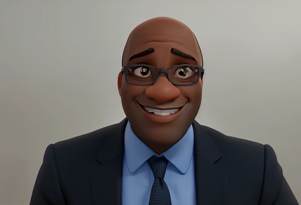 A bald black man wearing Disney Pixar style glasses, alta qualidade, melhor qualidade