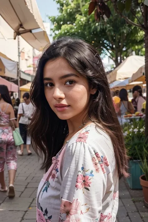 a canadian instagram model, wearing A lightweight, breezy blouse with a summer-friendly pattern like florals or pastels, A vibrant outdoor setting, like a beach, a colorful street market, or a lush city park, black hairs, pink lips, realistic photography