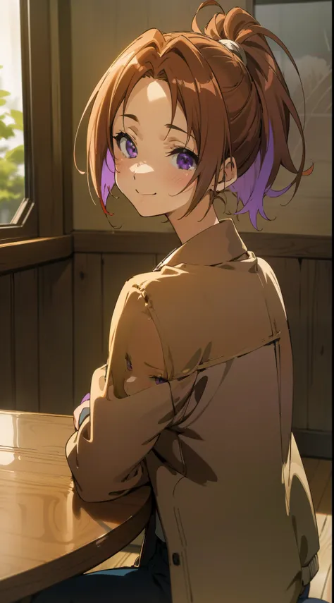 Jacket, (masutepiece), (Best Quality),1girl in, Gorgeous, (Perfect face), Sitting,Cozy, Calm, Peace, Happy, smilling, Expressive eyes, Cute, Wood, The table,  Nature, Pony tail, Purple eyes, coffee shop, Traced Lights,Modern, Back Light, Bright, colourfull