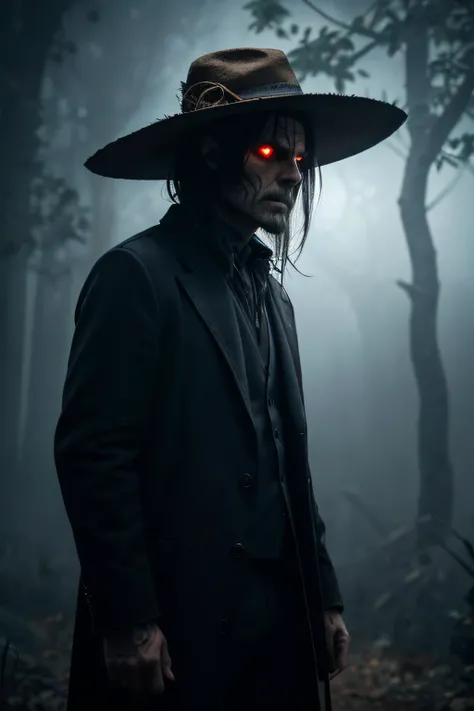 "Capture an intriguing image of a non-human supernatural entity. The subject is a man with a scarecrow hat, vestido completamente de preto, com luvas e botas acima de tudo. He exudes a demonic appearance, com o olhar de um necromante, representing a supern...