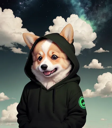 A cute little corgi with green eyes and a black hoodie with corgi ears coming through the hood. the corgi sitting in the sky on top of one cloud, the corgi has his eyes closed and  happy. Corgi far in the picture. Corgi small, lovely, cute and happy.