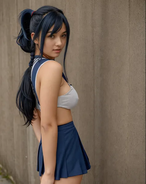 1girl, solo, Laura S. Arseid (long dark blue hair, ponytail and side Bang, small boobs), (inspired by trails of cold steel) in a school dress showing off her panties, in a military school, embarrassed