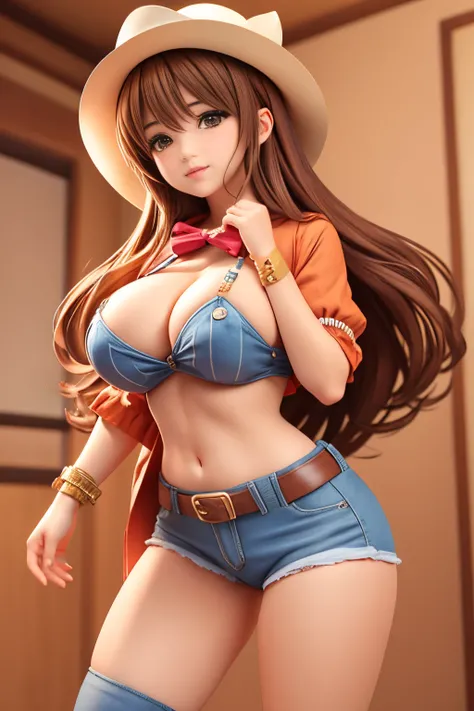 Anime Girl, Cowgirl costume, Colossal tits, Brown hair