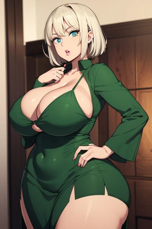 Fubuki, 1girl, ((bimbo))), short green hair, blue eyes, puffy lips, painted lips, thick lips, wide hips, thick thighs, huge ass, bimbo face , enormous huge natural breasts, cleavage, green dress, panties,