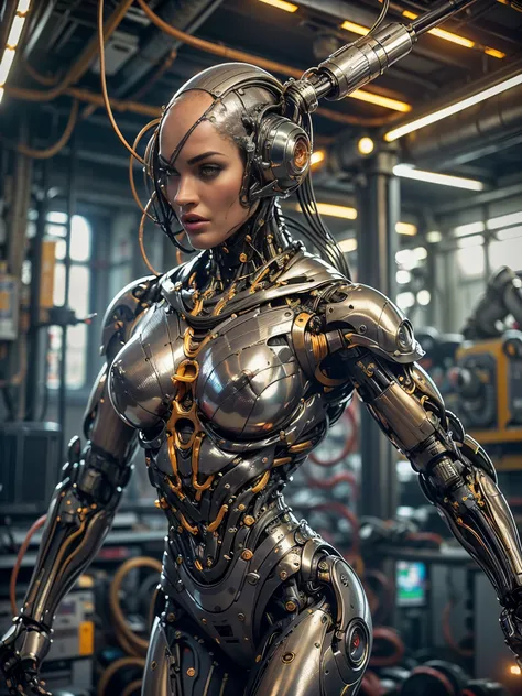 (beautiful muscular female cyborg:1.25), (megan-fox:1.5), (full body pose), (metallic muscular armor:1.5), (no hair), (bald head...