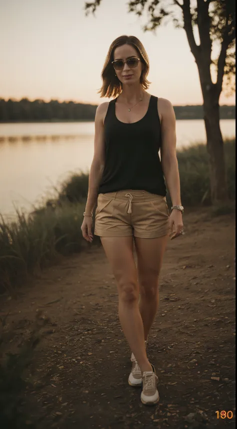 ((photo of emily blunt ))  (full body photograph, (( random photo , paparazzi photograph)) ) wearing a  light orange color  color tight sexy   tank top and a brown color short pants  , she  standing in a lakeside , her seductive smile  ) (( correct hands, ...