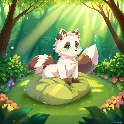 green eye, furry boy white raccoon dog, albino, cozy garden, green plants, bright leaves, enchanted forest, fluffy tail, gentle expression, playful posture, soft fur, sunbeam through the trees, bright dew in the morning