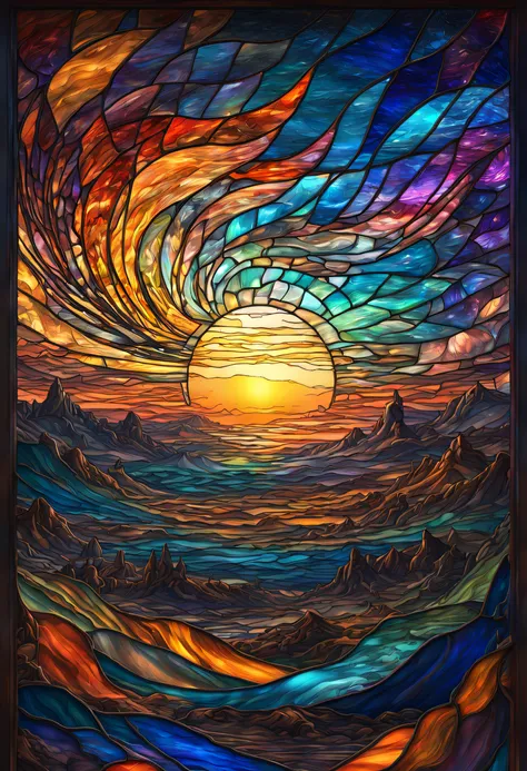 a magnificent sunset on a strange and mysterious alien Stained glass style planete. Its very textured and detailed with dreaming lot of whirlwind multicolored and dreaming dust