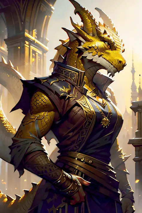 brass dragonborn, female, horns, solo portrait, scales, tail, buff, clothes, ((masterpiece, best quality)), art by greg rutkowsk...