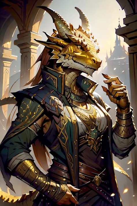 brass dragonborn, female, horns, solo portrait, scales, tail, buff, clothes, ((masterpiece, best quality)), art by greg rutkowsk...