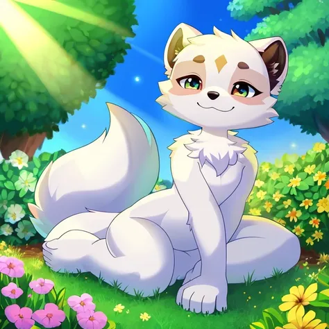 ojo verde, dog white raccoon furry child, albino, cozy garden, Plantas verdes, hojas brillantes, Bosque Encantado, cola esponjosa, Smooth Expression, Playful posture, Pelaje suave