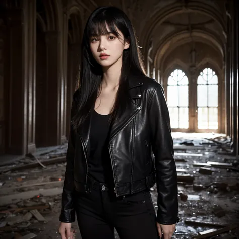 20years old, Long black hair, loose hair, bangs on her head, Brown eyes, small chest, black leather jacket, white tshirt,  Jeans, abandoned castle location, hall of an abandoned castle, darkness,night time, Standing,a closeup of a, Portrait,