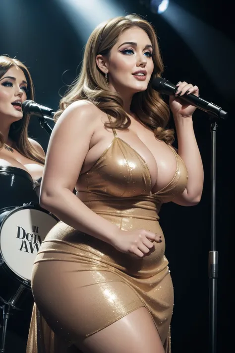 Lucy Pinder, smiling, chubby woman, ((VERY INTENSE MAKEUP)), (ADELE), beautiful dress, singing, singer