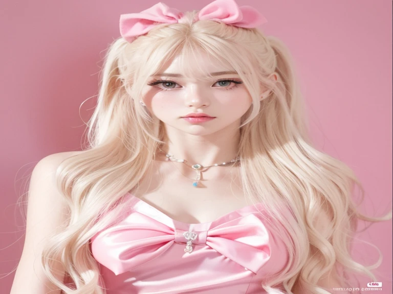 Un primer plano de una mujer con cabello largo y rubio con un vestido rosa, Chica rubia de anime con cabello largo, Retrato realista kawaii, Dulce conejita ultrarrealista, Cabello largo y blanco y flequillo, Peinado blanco de corte hime, con pelo largo bla...