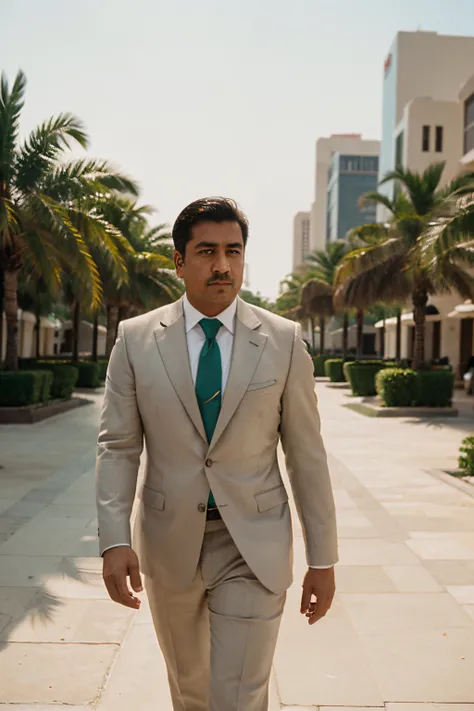 Billionare mexican business man with big shoulders in a business suit walking in dubai: photography Film grain ISO 400 30 mm lens RAW f1.8 aperture, highly detailed (analog photography:1), colors hd