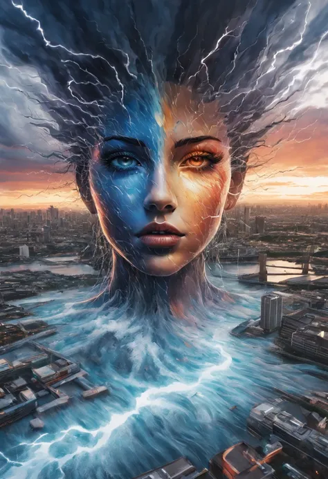 abstract face in a city landscape, a photorealistic painting by Mark English , [:anime line art:0.2], celestial and Heat and Thunder and Water themed, epic splash art , auto-destructive art, , abstract