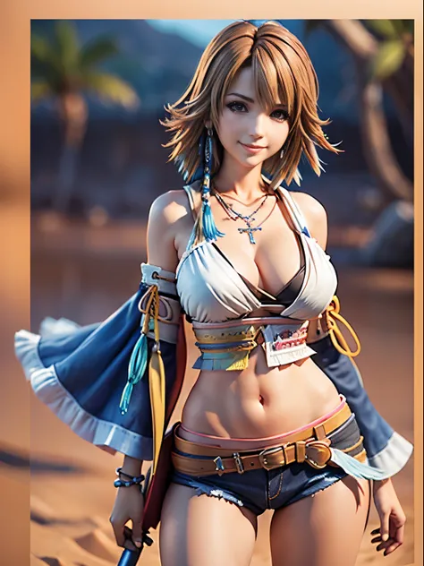 4K,1little girl、Denim Bikini、masutepiece, hight resolution, ultra-detailliert), 1 female, 28 years old, Final Fantasy Yuna x2, More mature, (( Background)), Plain dark background, ((There is nothing in the background)), hyper realisitic, Yunas Final Fantas...