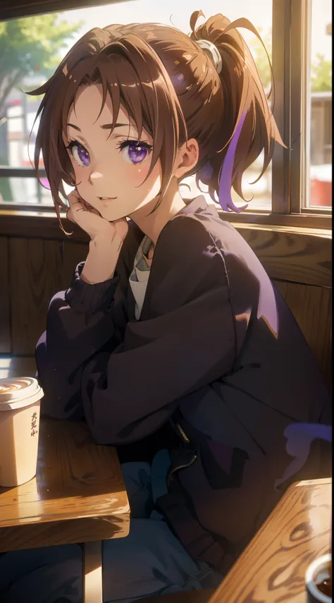 Jacket, (masutepiece), (Best Quality),1girl in, Gorgeous, (Perfect face), Sitting,Cozy, Calm, Peace, Happy, smilling, Expressive eyes, Cute, Wood, The table,  Nature, Pony tail, Purple eyes, coffee shop, Traced Lights,Modern, Back Light, Bright, colourfull