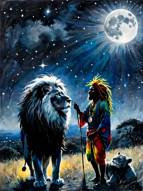 Old black Rastafarian with white dreadlocks and a lion enjoying a starry night with a giant full moon that lights up the entire landscape with its silvery rays, colorful summer outfit stands out, Energetic and lively scene.
Estilo de Gabriele Dell&#39;Otto...