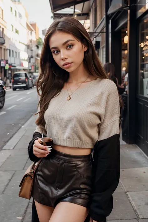 arafed woman with black clothes, with brown eyes, portrait sophie mudd, brown hair and large eyes, selfie of a young woman, natural makeup, face with artgram, subtle makeup, stunning full body shot, Confident young woman in trendy street fashion, exploring...