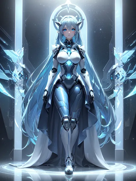 Unreal Engine:1.4,nffsw,best qualtiy:1.4, Photorealista:1.4, Skin texture:1.4, ​masterpiece:1.8,((Beautiful robot woman Symmetrical young and ethereal beautiful face bright color digital image with long icy blue hair and eyes reflecting galaxy., In elegant...